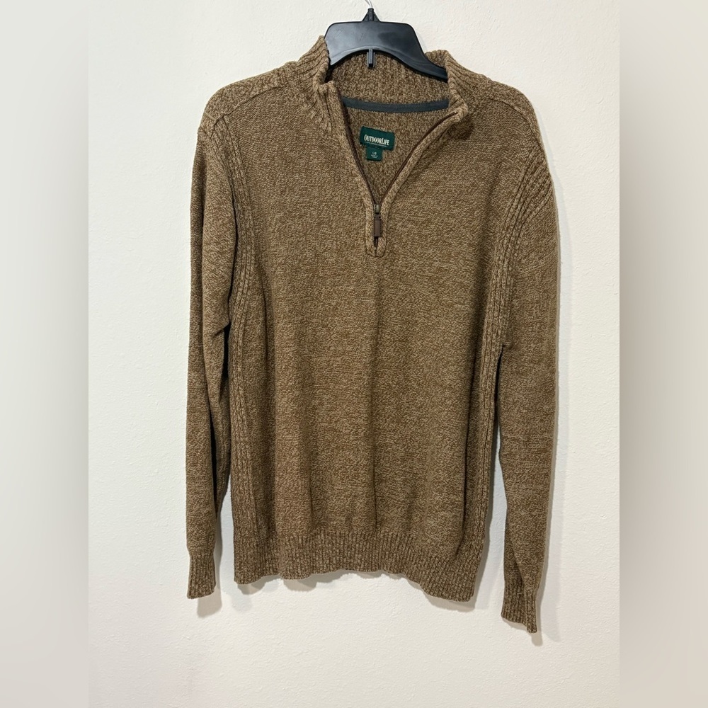 Outdoor Life Men’s Quarter Zip Sweater Brown Knit Pullover Size Large